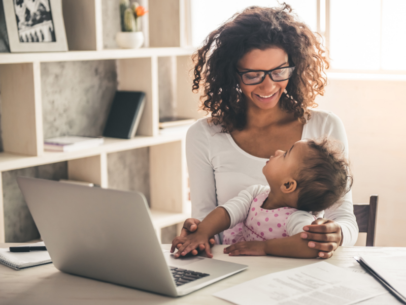 mom and baby at laptop